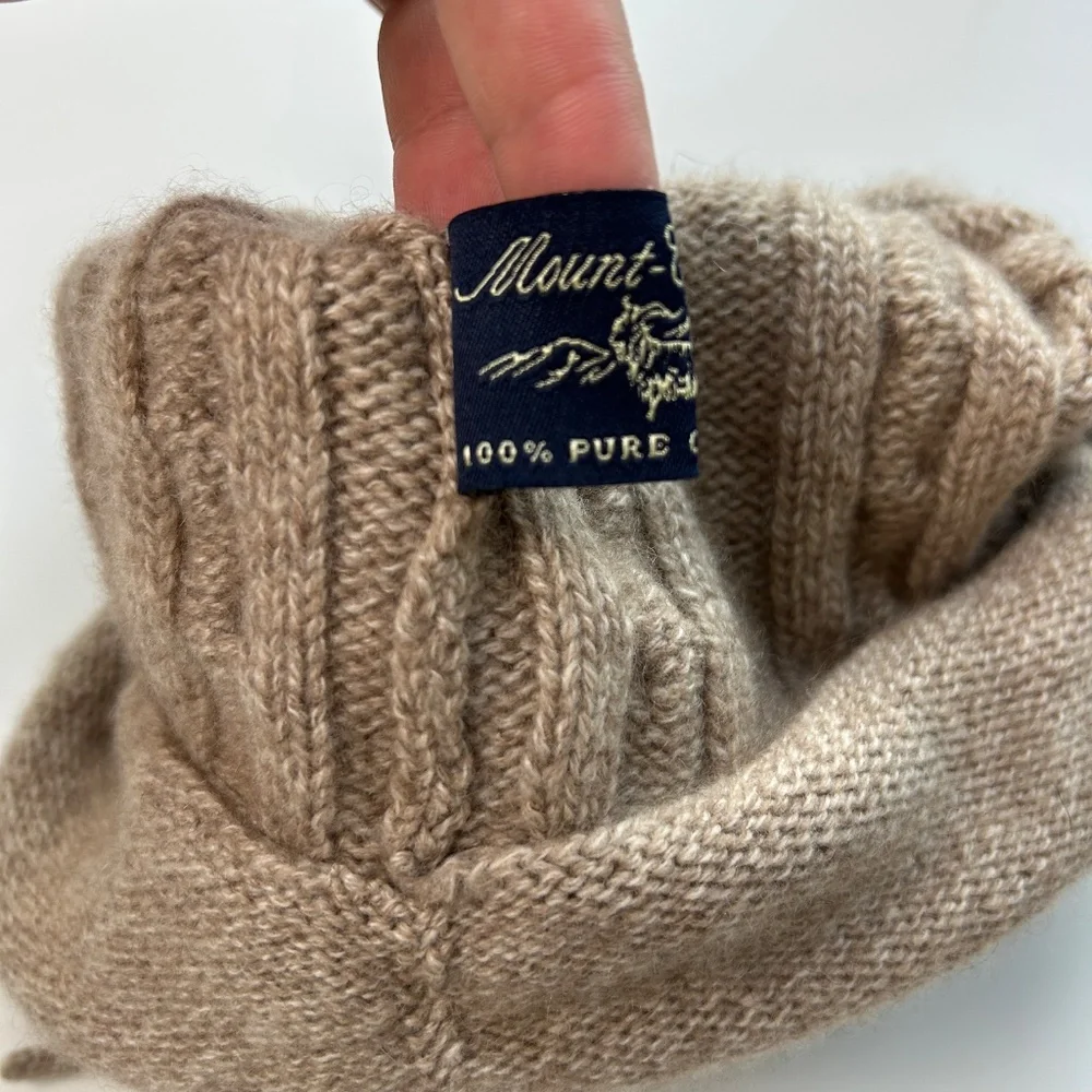 Mount Cashmere women one size beanie cable knit knot top brown 100% cashmere